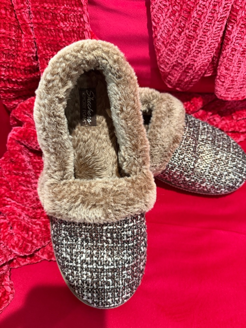 Skechers Women's Brown Metallic Tweed Faux Fur-Lined Slip-Ons